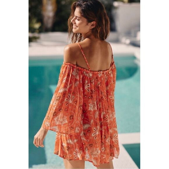 NEW By Anthropologie Pleated Off-The-Shoulder Swim Cover-Up Mini Dress Small - Picture 2 of 4